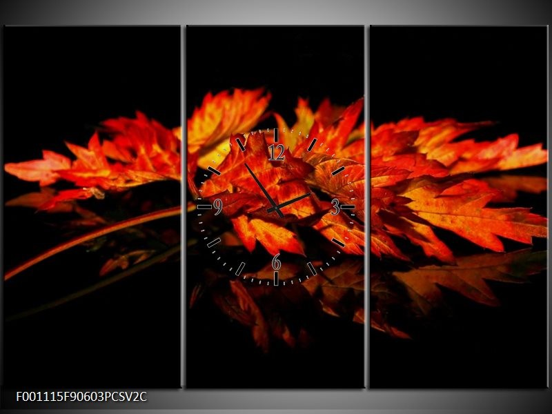 Klok schilderij Herfstblad | Rood, Zwart, Oranje | 90x60cm 3Luik