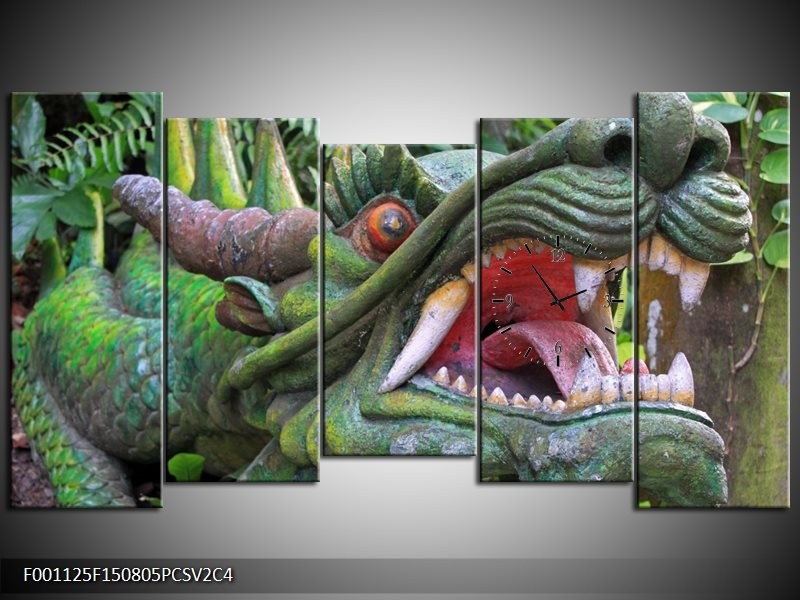 Klok schilderij Draak | Groen, Rood, Wit | 150x80cm 5Luik