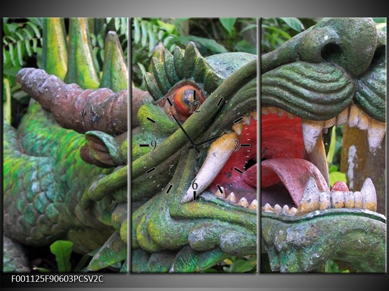 Klok schilderij Draak | Groen, Rood, Wit | 90x60cm 3Luik