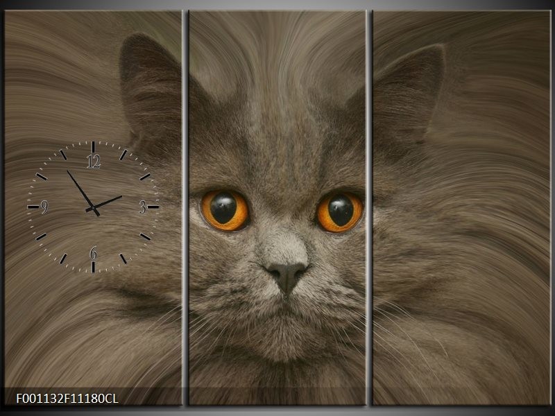 Klok schilderij Kat | Grijs, Bruin, Wit | 111x80cm 3Luik