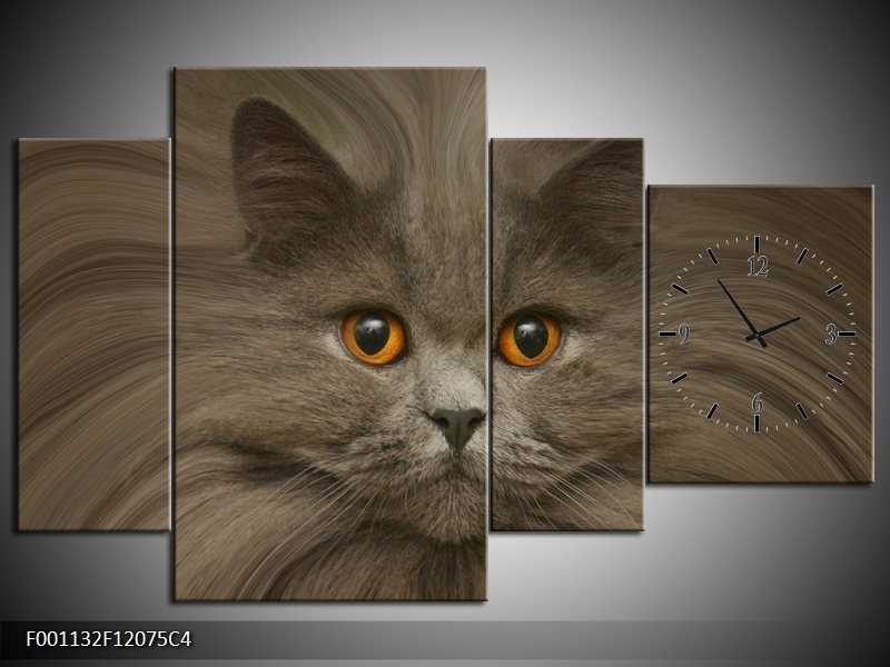 Klok schilderij Kat | Grijs, Bruin, Wit | 120x75cm 4Luik