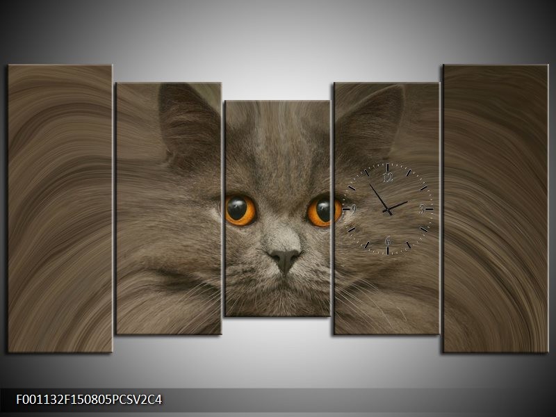 Klok schilderij Kat | Grijs, Bruin, Wit | 150x80cm 5Luik