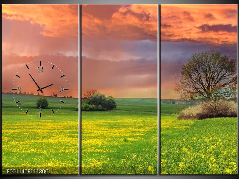 Klok schilderij Landschap | Groen, Geel, Paars | 111x80cm 3Luik