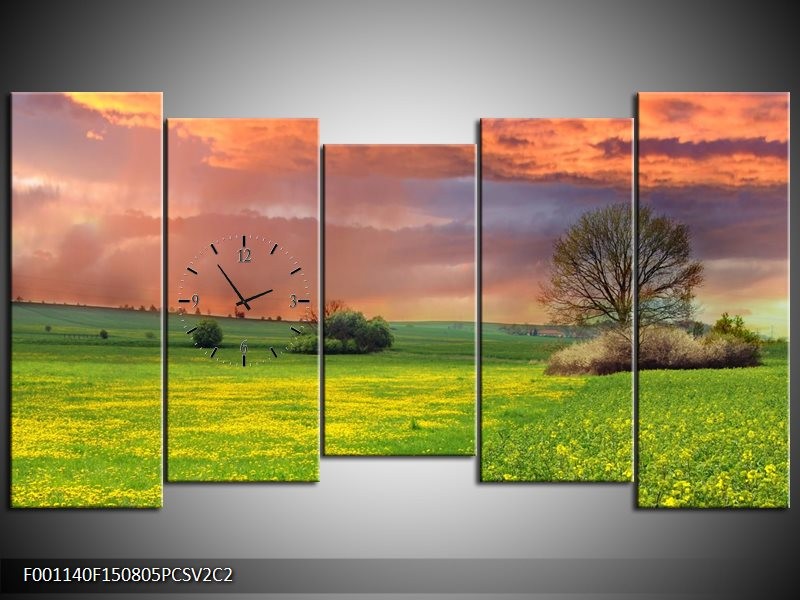 Klok schilderij Landschap | Groen, Geel, Paars | 150x80cm 5Luik