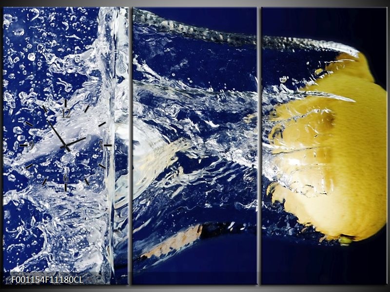 Klok schilderij Citroen | Blauw, Geel, Grijs | 111x80cm 3Luik