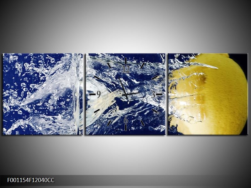 Klok schilderij Citroen | Blauw, Geel, Grijs | 120x40cm 3Luik