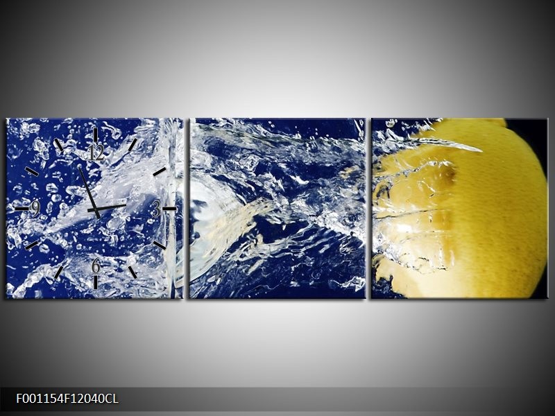 Klok schilderij Citroen | Blauw, Geel, Grijs | 120x40cm 3Luik