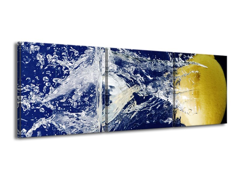 Canvas schilderij Citroen | Blauw, Geel, Grijs | 150x50cm 3Luik