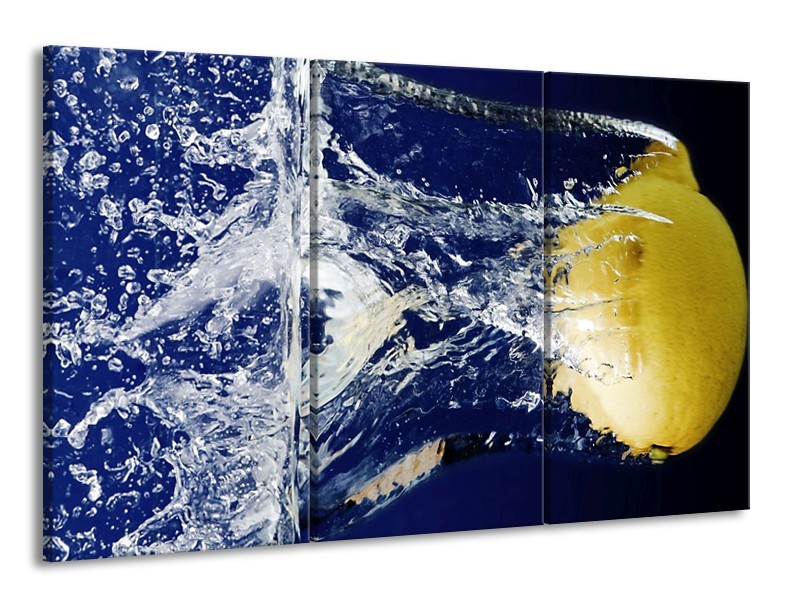 Canvas schilderij Citroen | Blauw, Geel, Grijs | 165x100cm 3Luik