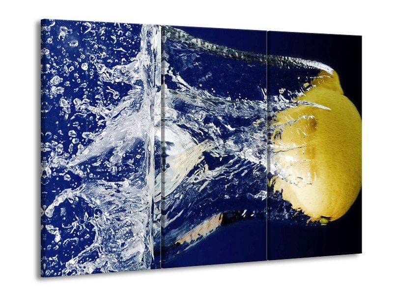 Canvas schilderij Citroen | Blauw, Geel, Grijs | 90x60cm 3Luik