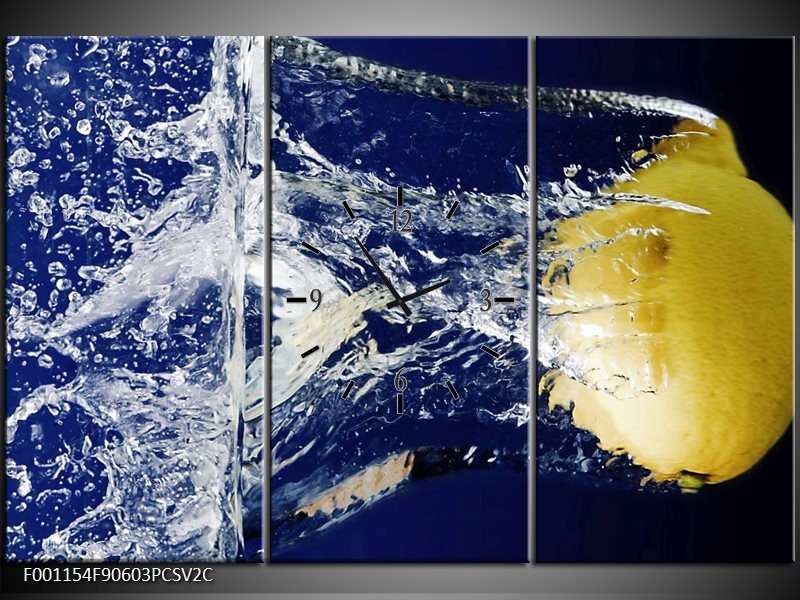 Klok schilderij Citroen | Blauw, Geel, Grijs | 90x60cm 3Luik