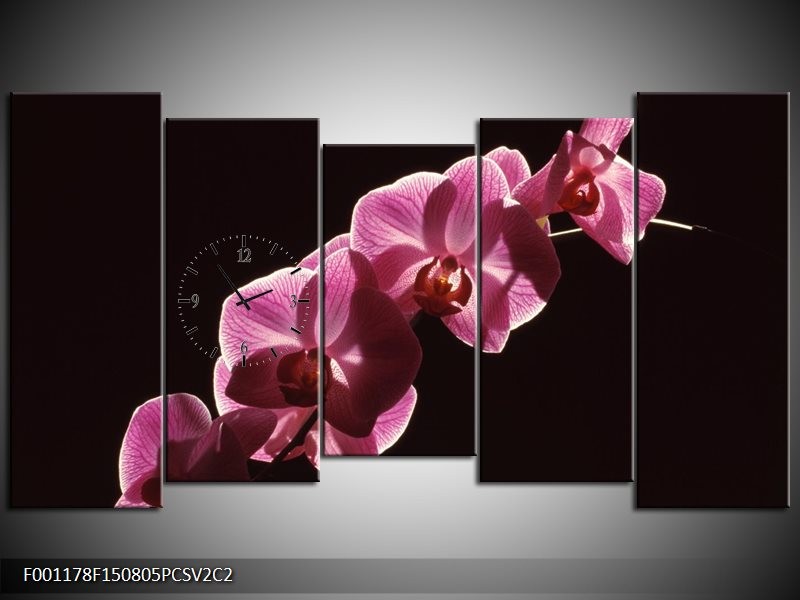 Klok schilderij Orchidee | Paars, Wit, Zwart | 150x80cm 5Luik