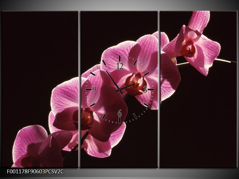 Klok schilderij Orchidee | Paars, Wit, Zwart | 90x60cm 3Luik