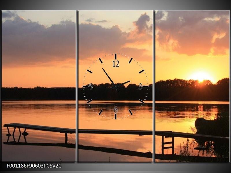 Klok schilderij Zonsondergang | Geel, Bruin, Zwart | 90x60cm 3Luik