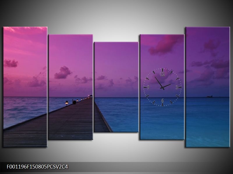 Klok schilderij Zee | Paars, Blauw, Grijs | 150x80cm 5Luik