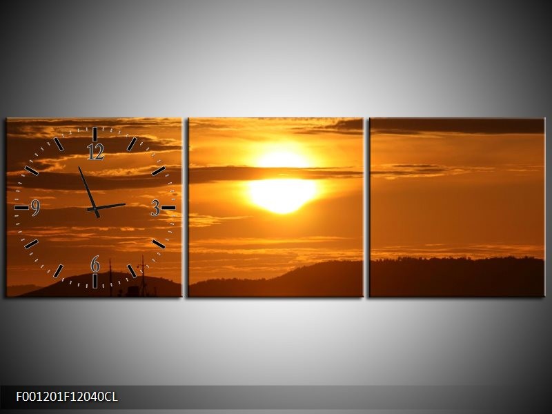 Klok schilderij Zonsondergang | Geel, Bruin, Zwart | 120x40cm 3Luik