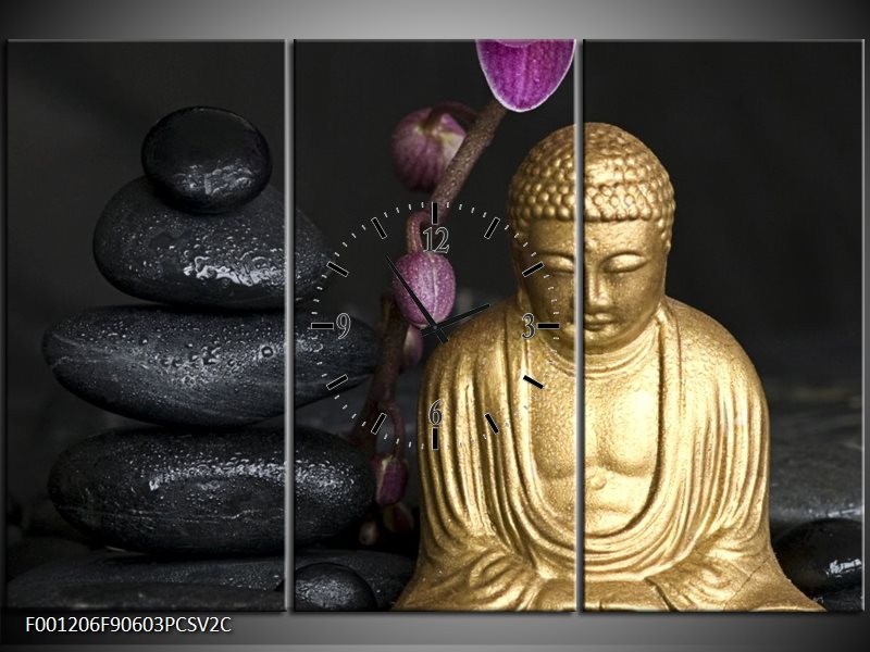 Klok schilderij Boeddha | Goud, Zwart, Paars | 90x60cm 3Luik