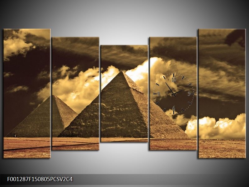 Klok schilderij Piramide | Geel, Wit, Sepia | 150x80cm 5Luik