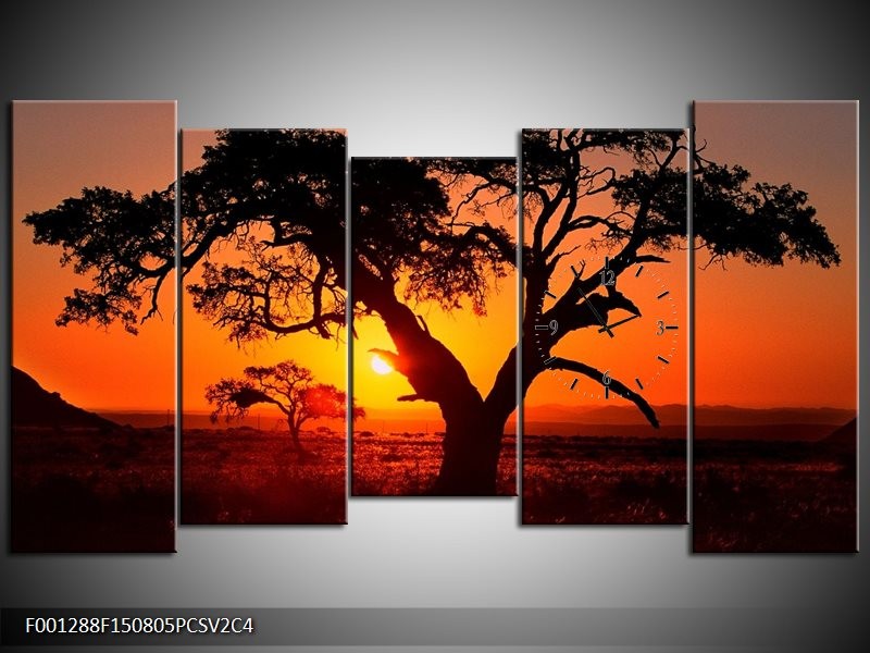 Klok schilderij Zonsondergang | Zwart, Geel, Rood | 150x80cm 5Luik