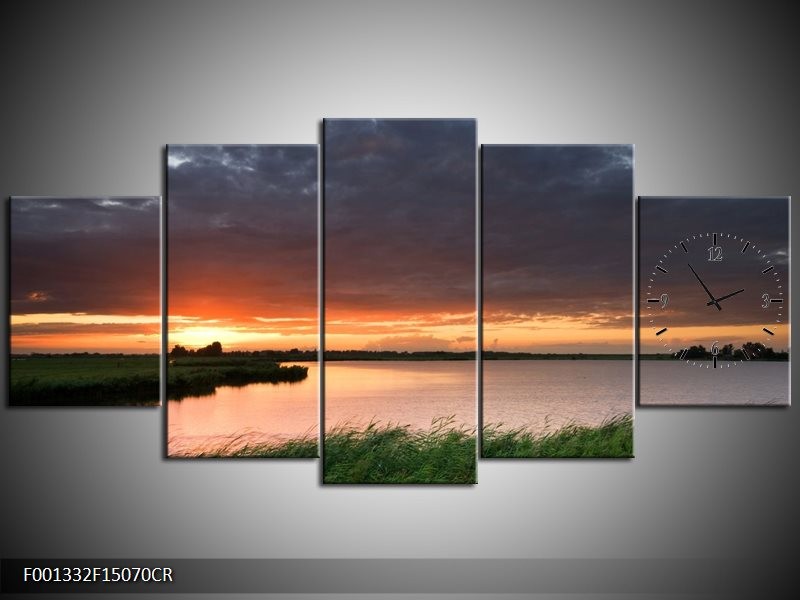 Klok schilderij Zonsondergang | Wit, Geel, Paars | 150x70cm 5Luik