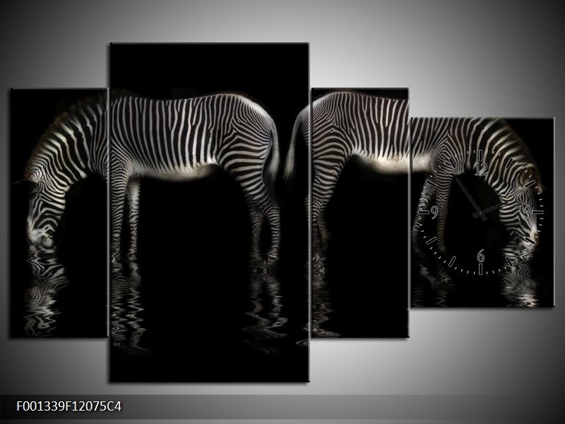 Klok schilderij Zebra | Zwart, Wit | 120x75cm 4Luik