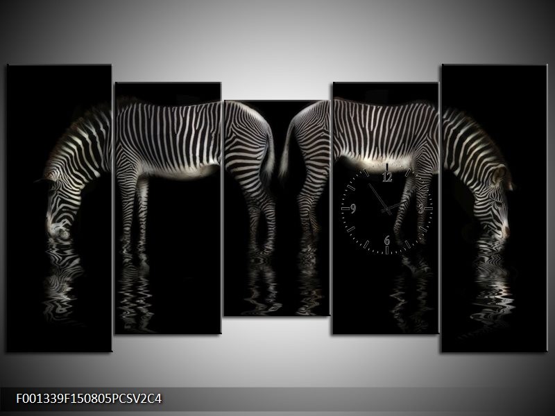 Klok schilderij Zebra | Zwart, Wit | 150x80cm 5Luik