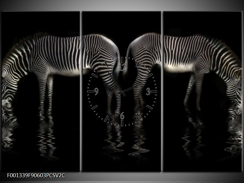 Klok schilderij Zebra | Zwart, Wit | 90x60cm 3Luik