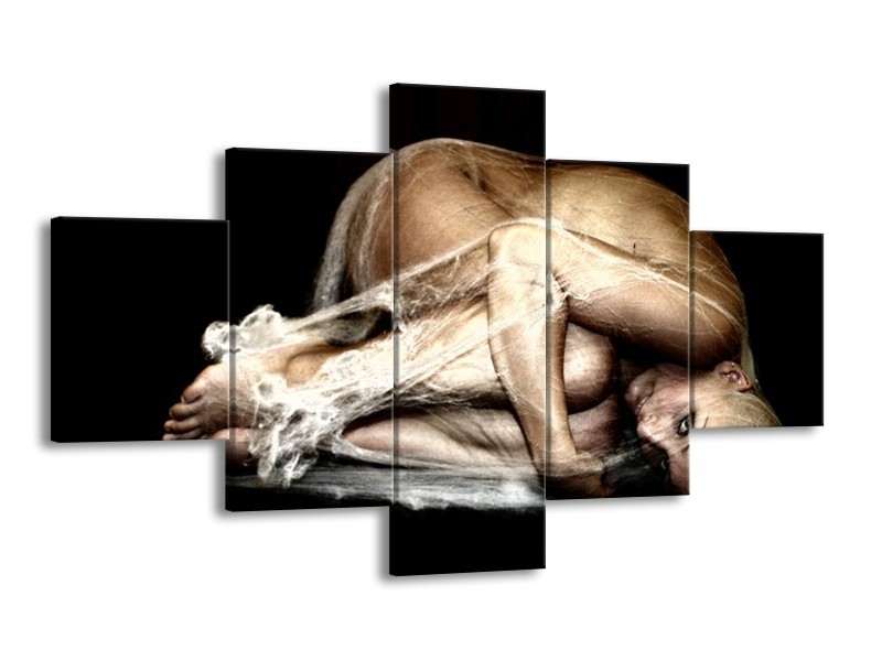 Canvas schilderij Mensen | Bruin, Zwart, Crème | 125x70cm 5Luik