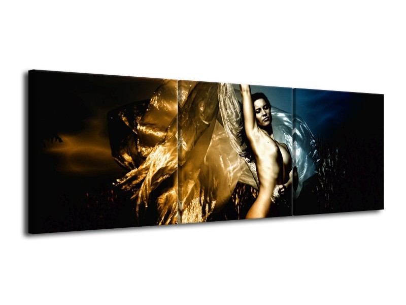 Canvas schilderij Vrouw | Geel, Blauw, Zwart | 120x40cm 3Luik