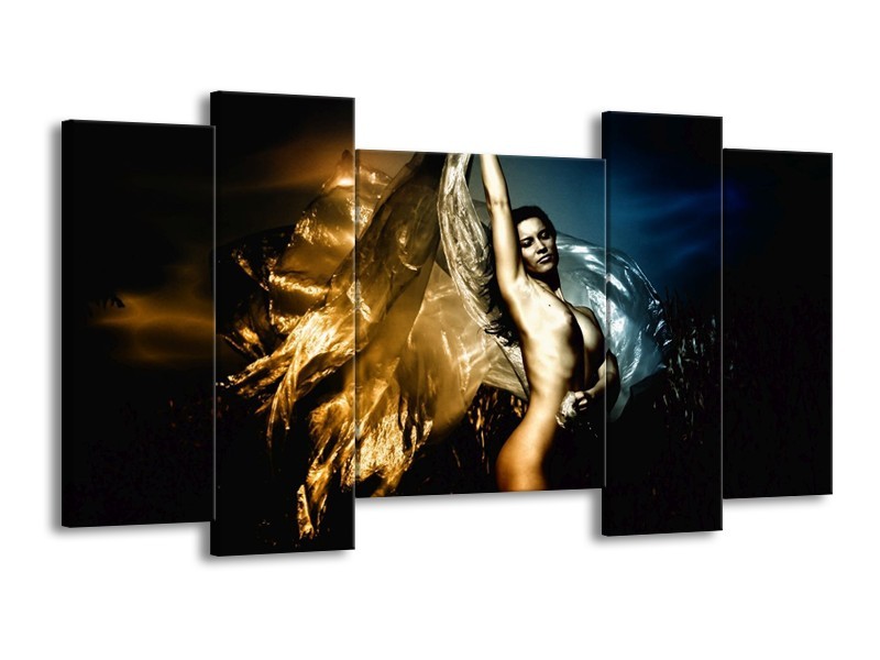 Canvas schilderij Vrouw | Geel, Blauw, Zwart | 120x65 5Luik