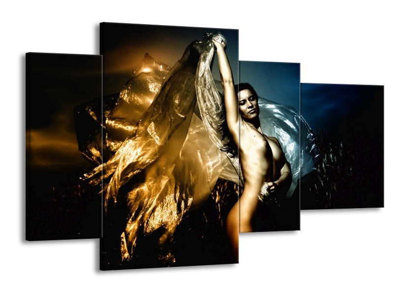 Canvas schilderij Vrouw | Geel, Blauw, Zwart | 120x75cm 4Luik