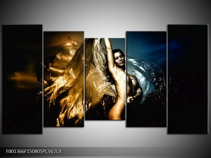 Klok schilderij Vrouw | Geel, Blauw, Zwart | 150x80cm 5Luik