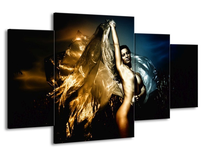 Canvas schilderij Vrouw | Geel, Blauw, Zwart | 160x90cm 4Luik