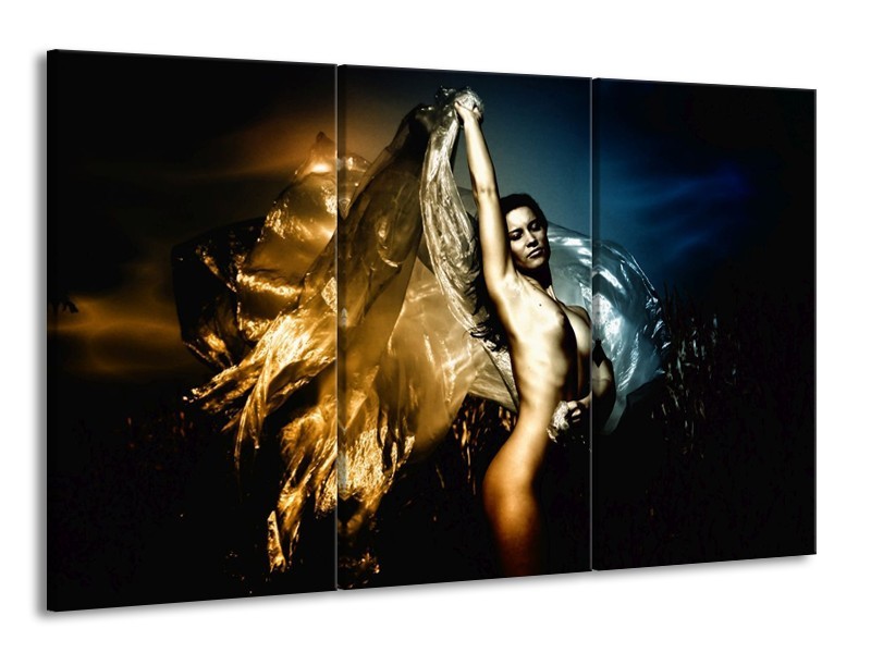 Canvas schilderij Vrouw | Geel, Blauw, Zwart | 165x100cm 3Luik