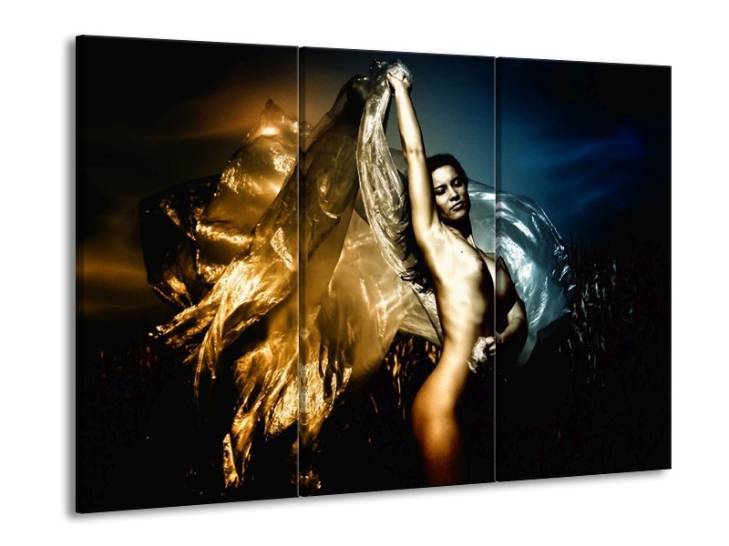 Canvas schilderij Vrouw | Geel, Blauw, Zwart | 90x60cm 3Luik