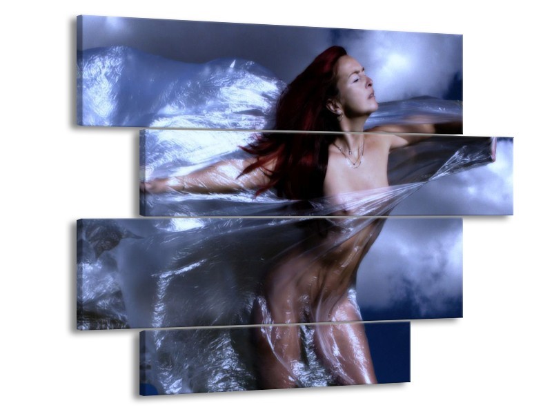 Glas schilderij Vrouw | Geel, Blauw, Zwart | 115x85cm 4Luik