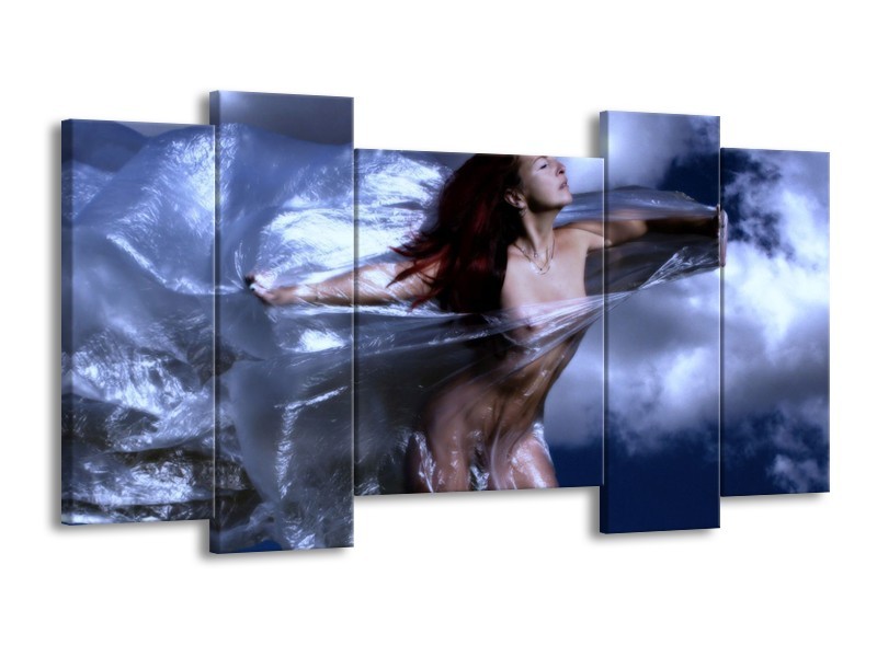 Canvas schilderij Vrouw | Geel, Blauw, Zwart | 120x65 5Luik