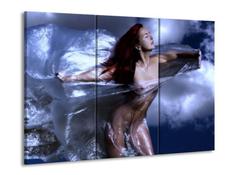 Glas schilderij Vrouw | Geel, Blauw, Zwart | 90x60cm 3Luik