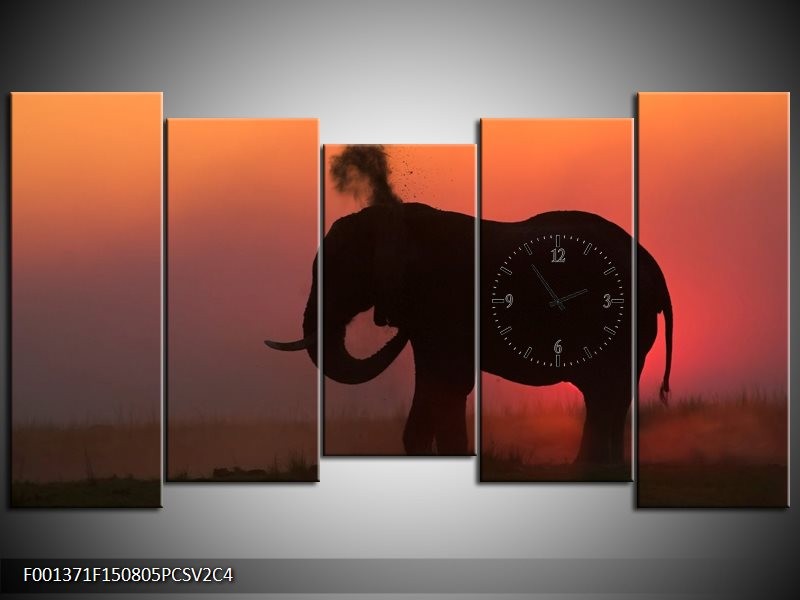 Klok schilderij Olifant | Rood, Zwart, Bruin | 150x80cm 5Luik