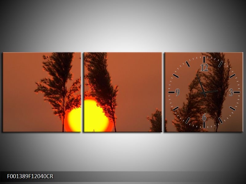 Klok schilderij Zonsondergang | Geel, Bruin, Oranje | 120x40cm 3Luik