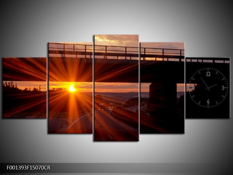 Klok schilderij Zonsondergang | Geel, Oranje, Zwart | 150x70cm 5Luik