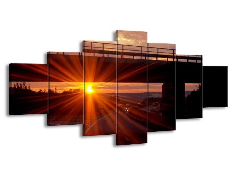 Canvas schilderij Zonsondergang | Geel, Oranje, Zwart | 210x100cm 7Luik