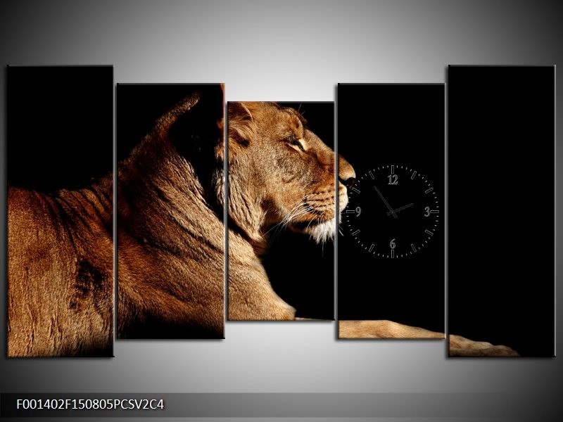 Klok schilderij Leeuw | Bruin, Zwart | 150x80cm 5Luik