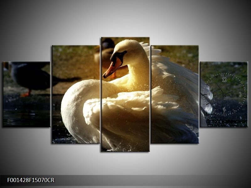 Klok schilderij Zwaan | Wit, Geel, Grijs | 150x70cm 5Luik