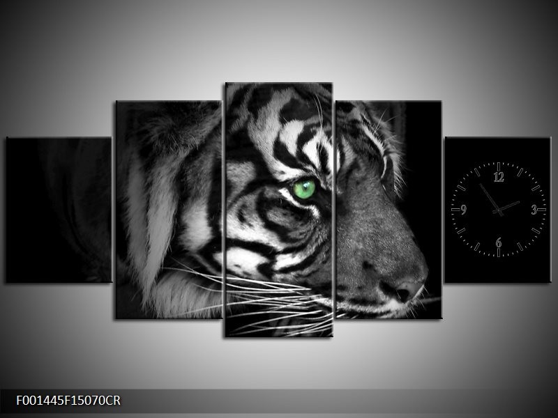 Klok schilderij Tijger | Wit, Zwart, Grijs | 150x70cm 5Luik