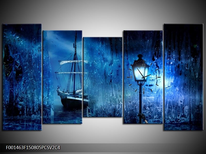 Klok schilderij Boot | Blauw, Wit, Zwart | 150x80cm 5Luik