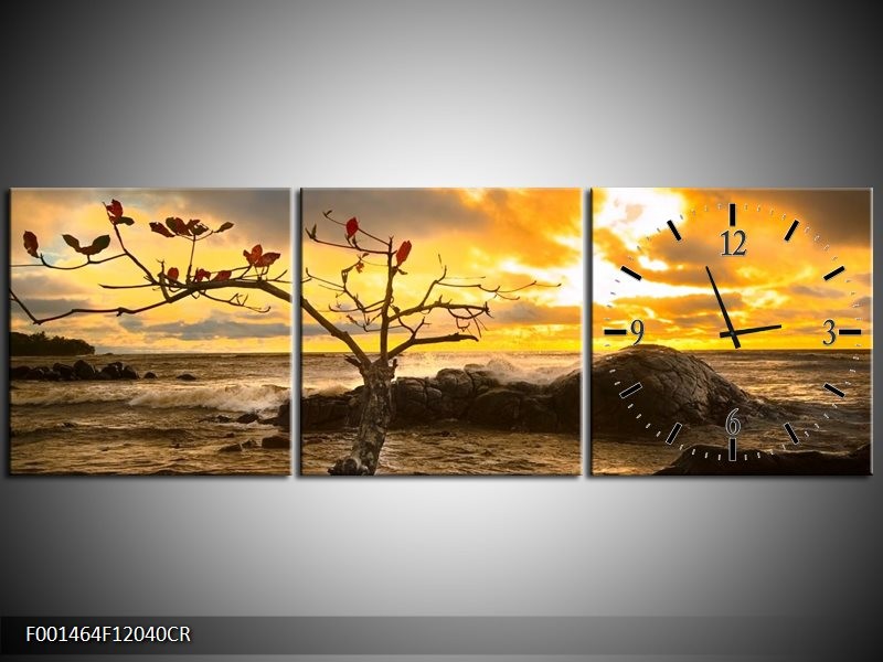 Klok schilderij Zee | Geel, Wit, Bruin | 120x40cm 3Luik