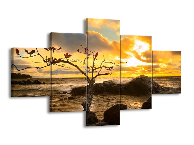 Canvas schilderij Zee | Geel, Wit, Bruin | 125x70cm 5Luik