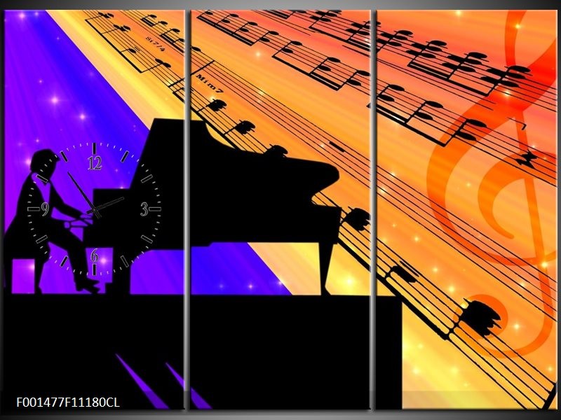 Klok schilderij Muziek | Zwart, Geel, Blauw | 111x80cm 3Luik