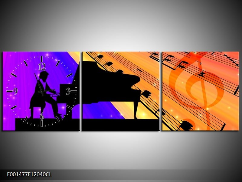 Klok schilderij Muziek | Zwart, Geel, Blauw | 120x40cm 3Luik